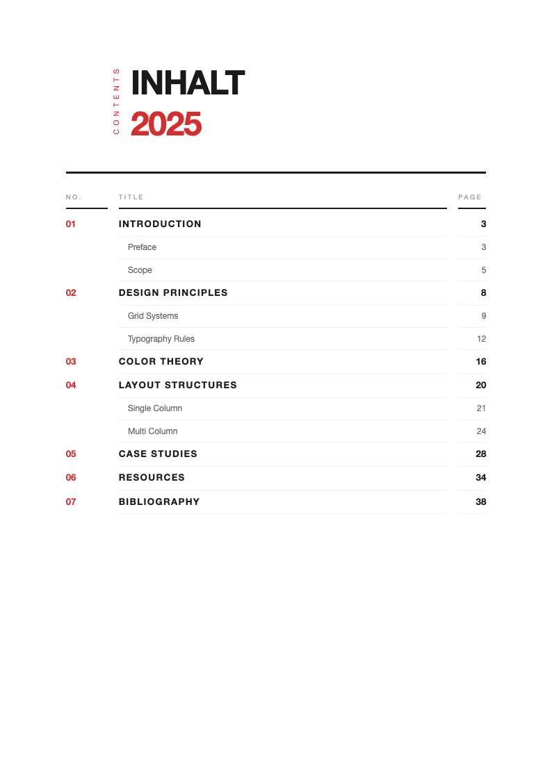 Swiss international table of contents